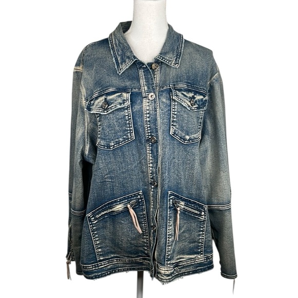 Indigo Thread Co. Denim Western Rodeo Fringe Festival Boho Jean Jacket Size 1X - Picture 1 of 8